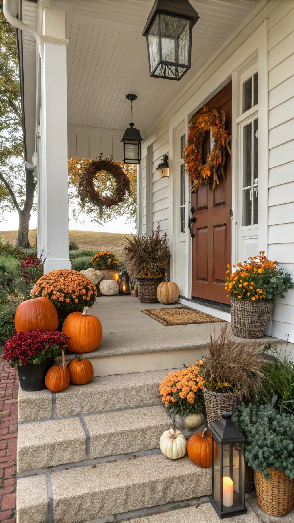 8 Cozy Fall Home Decor Ideas to Transform Your Space A beautifully decorated front porch for fall with pumpkins, flowers, and a wreath.