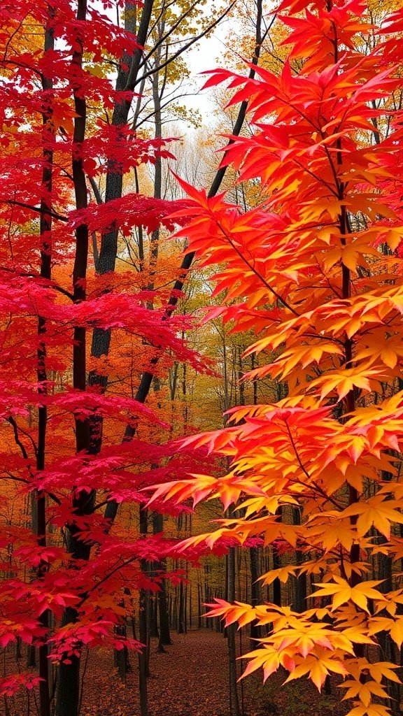 A vibrant display of red and orange leaves in a forest during autumn.