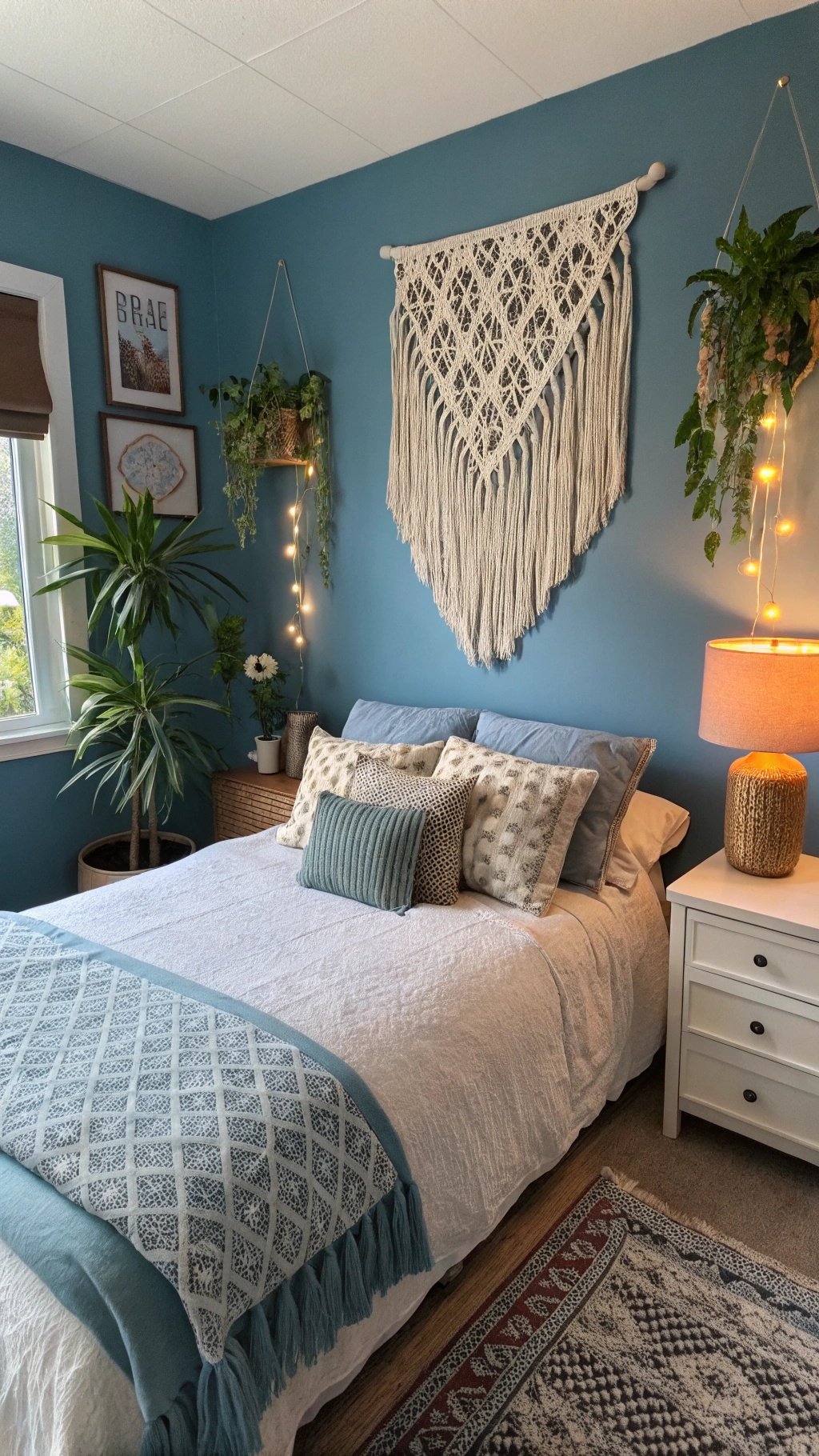 Cozy blue boho bedroom with macramé wall hanging and plants