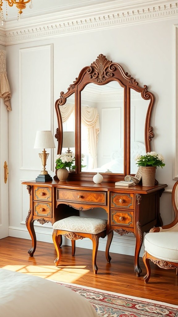 Traditional wooden vanity with a large mirror, elegant seating, and decorative features in a bright bedroom.