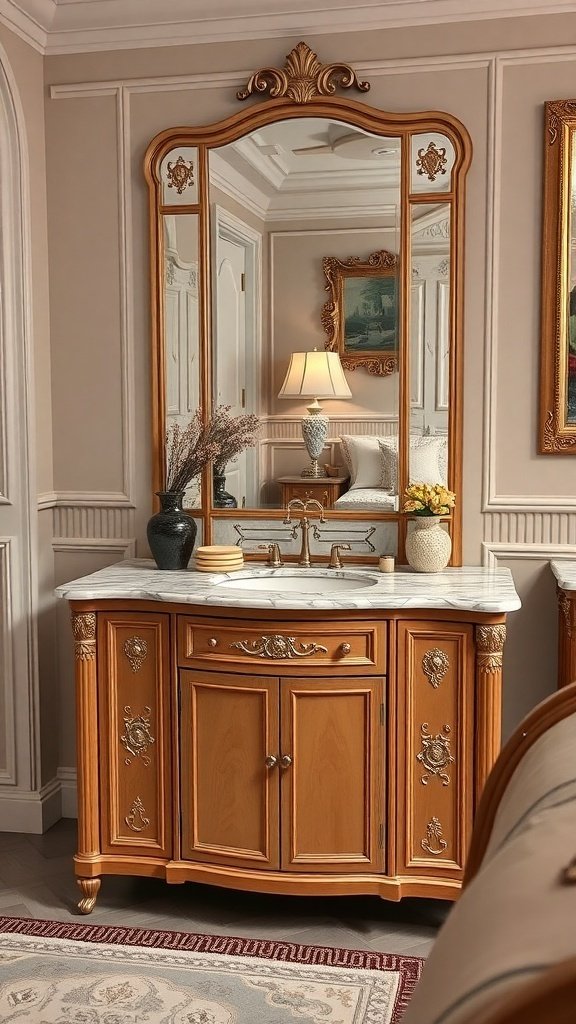 A wooden vanity with a marble top and a large ornate mirror, decorated with a vase and a lamp.