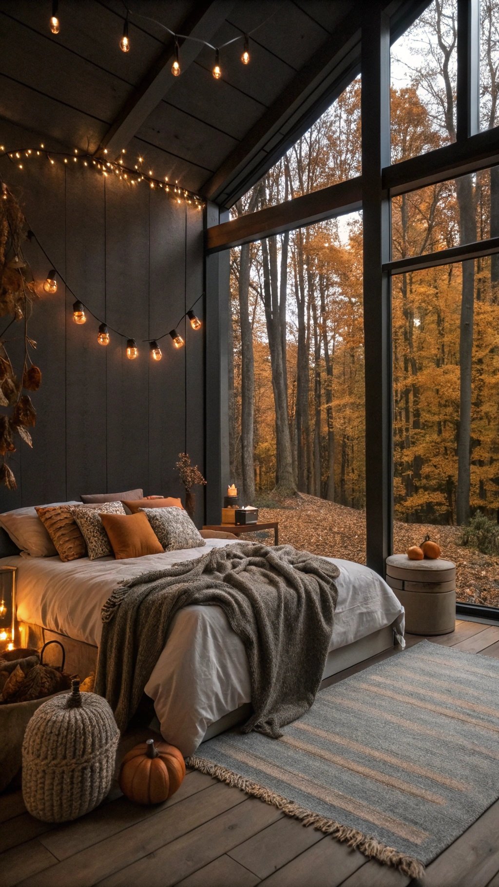 8 Cozy Fall Home Decor Ideas to Transform Your Space A cozy modern dark bedroom decorated for fall with warm lighting and autumn accents.