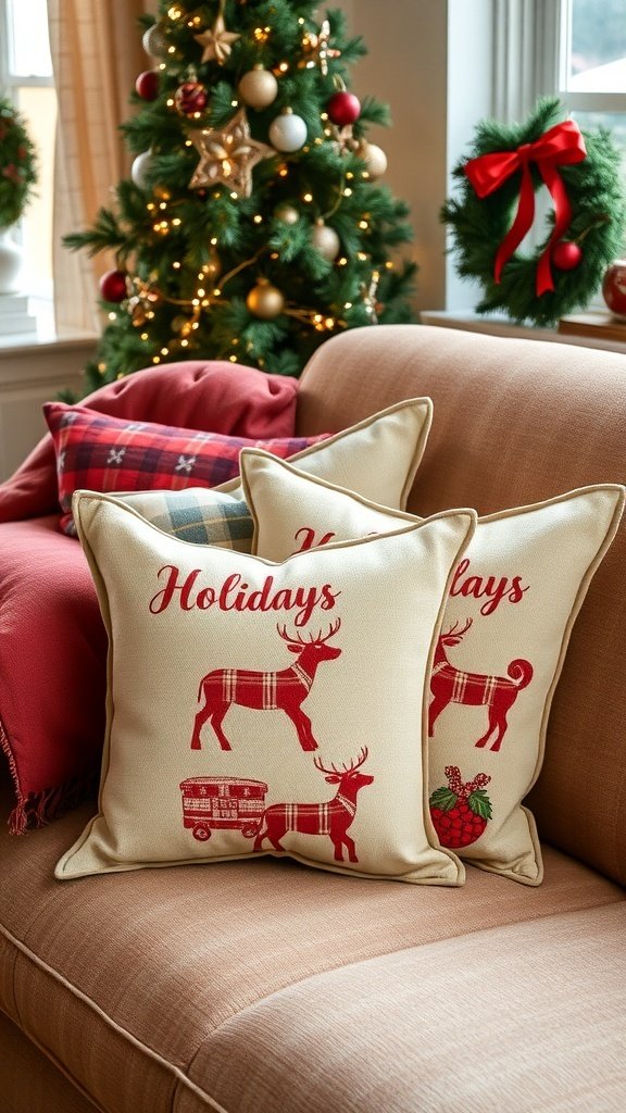 Cozy couch with holiday-themed throw pillows featuring reindeer and a vintage wagon design.
