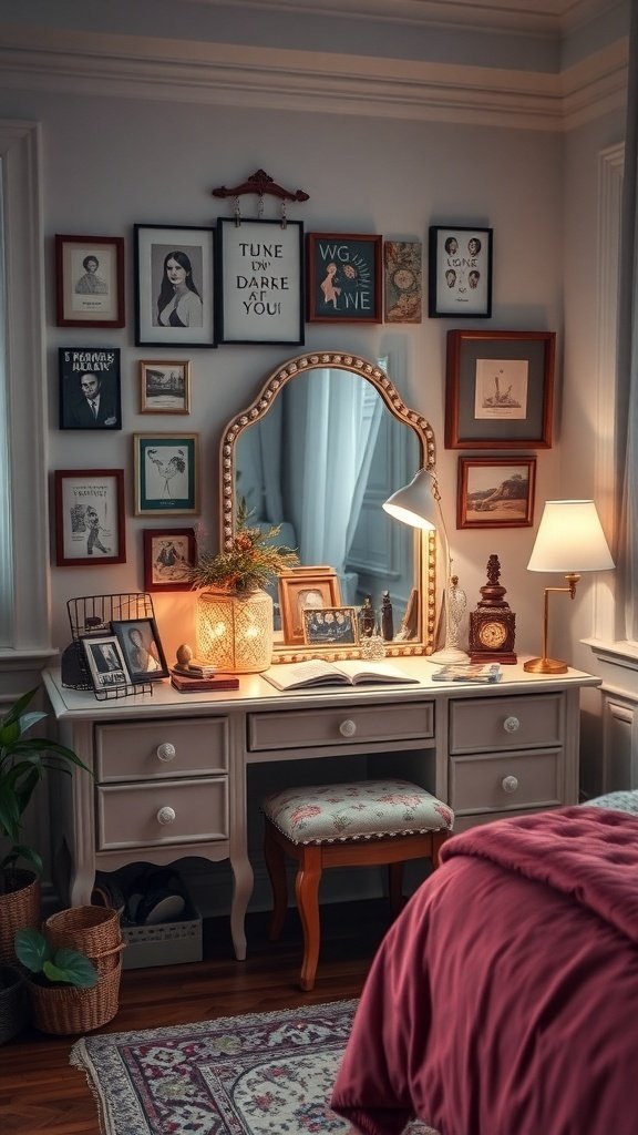A cozy and artistic vanity area with framed pictures on the wall, a stylish mirror, and soft lighting.