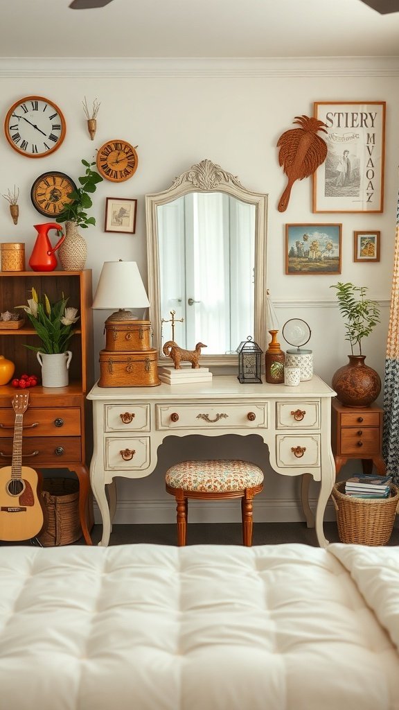 A vintage-style vanity with decorative items, plants, and wall art.
