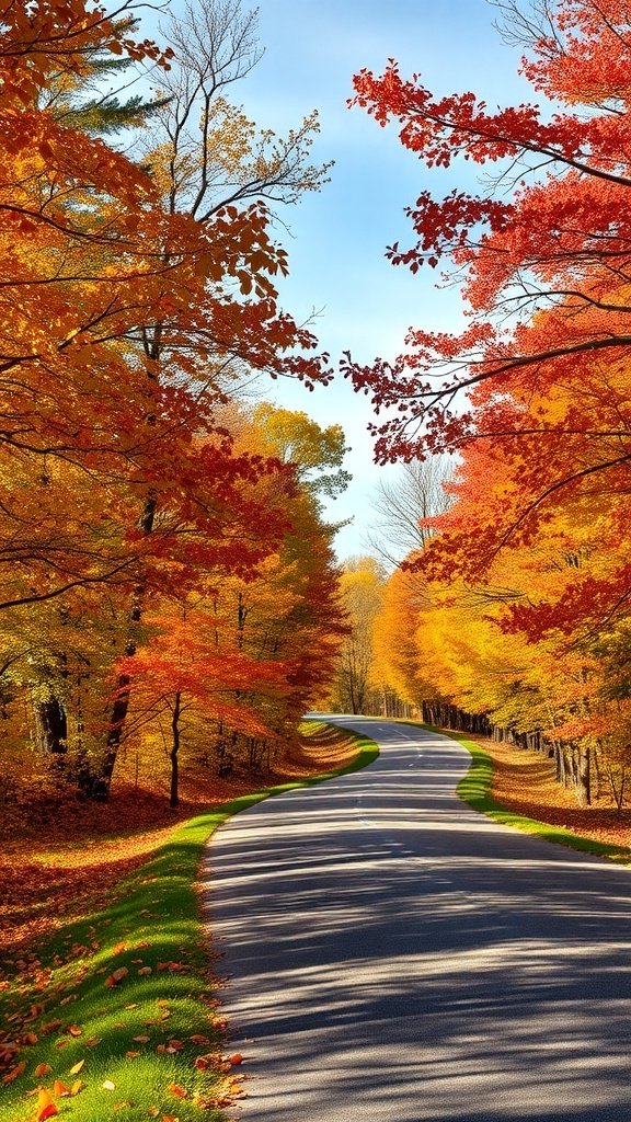 A scenic country road lined with colorful autumn trees.