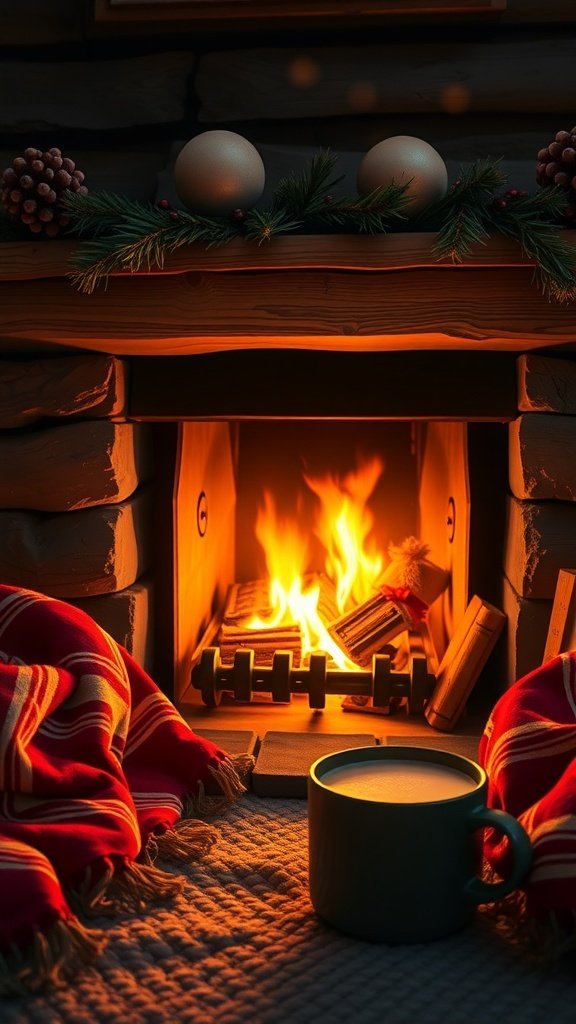 A cozy fireplace with a steaming mug and warm blankets, evoking a sense of comfort in October.