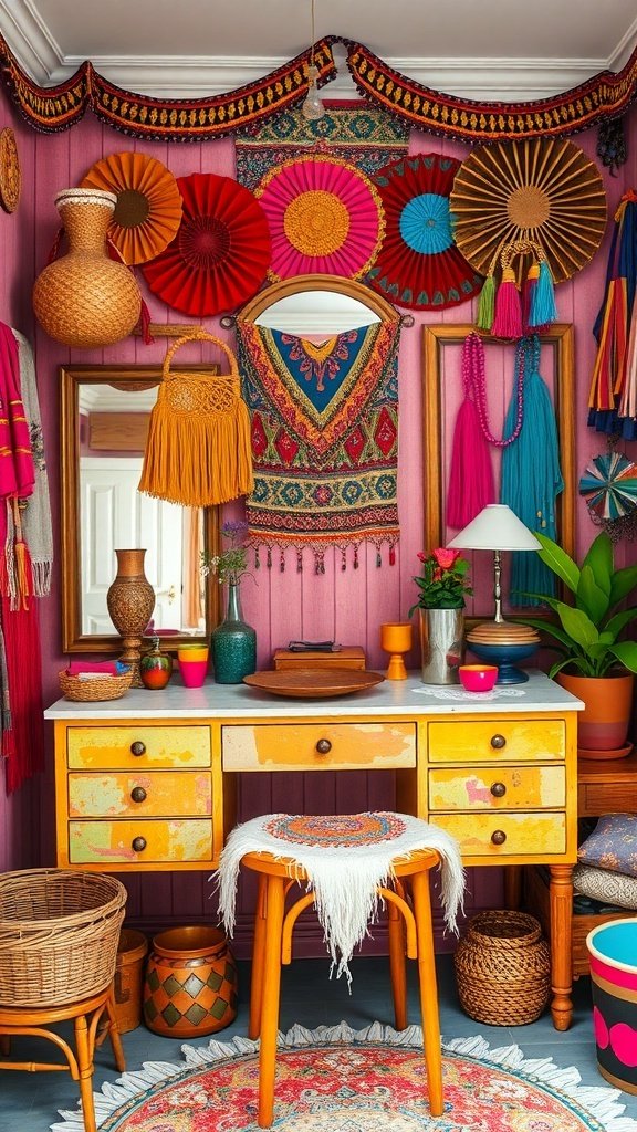 A colorful bohemian vanity arrangement with a yellow desk, decorative wall hangings, and various vibrant accessories.