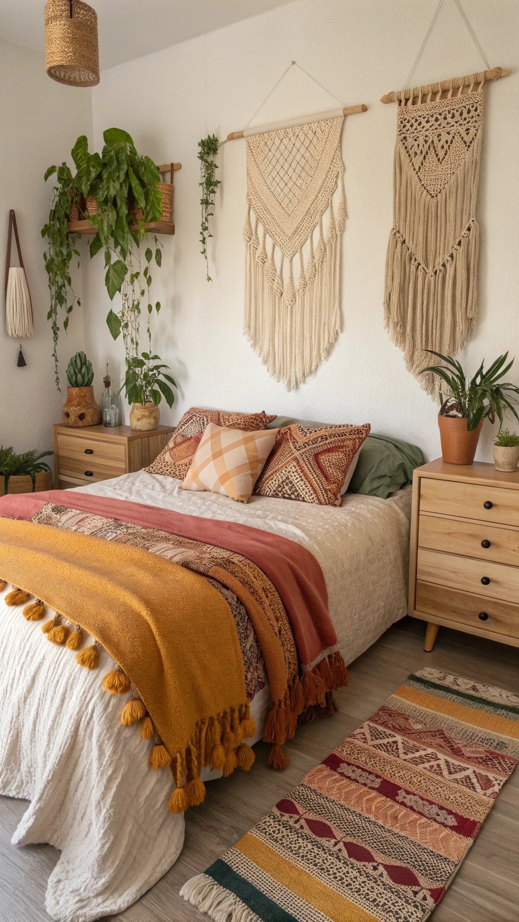 Cozy earthy boho bedroom with plants, macramé wall hangings, and warm textiles.