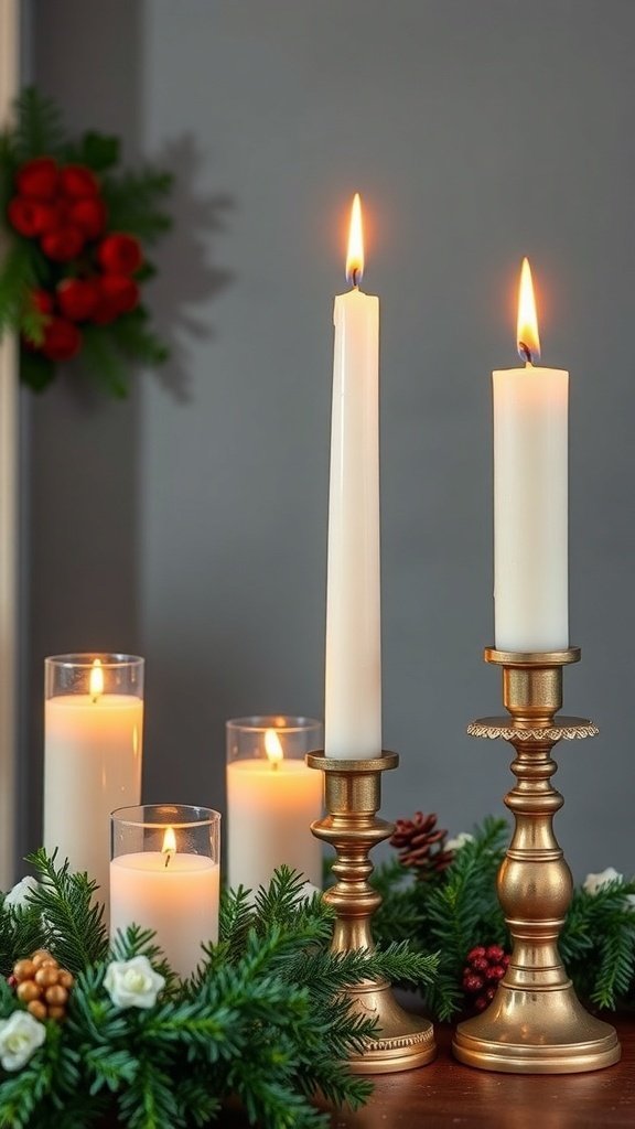 Traditional candle holders with white candles, surrounded by greenery and pinecones, creating a cozy holiday atmosphere.