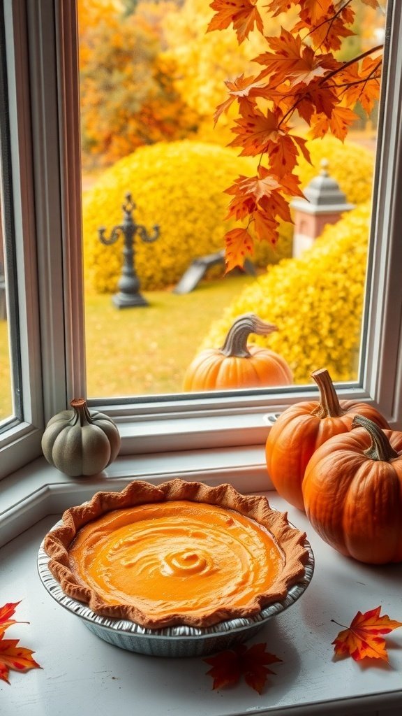 A pumpkin pie on a windowsill with pumpkins and fall leaves outside.