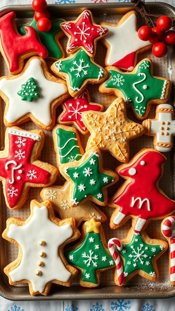 An assortment of decorated Christmas cookies in various shapes and colors on a tray.