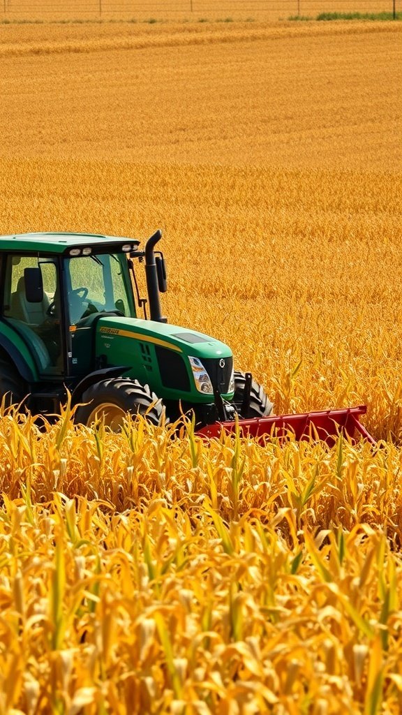 A green tractor harvesting corn in a golden cornfield during October.