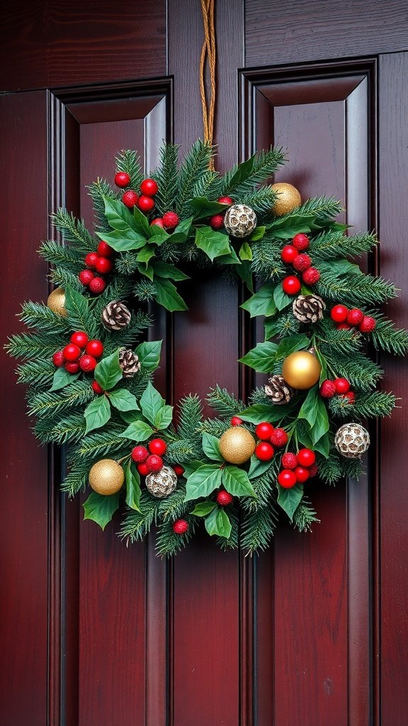 A traditional Christmas wreath with red berries, gold ornaments, and pinecones on a wooden door.