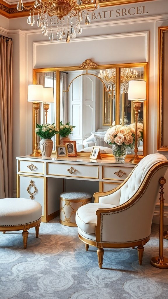 Luxurious glam vanity with gold accents, featuring a large mirror, elegant chair, and floral arrangements.