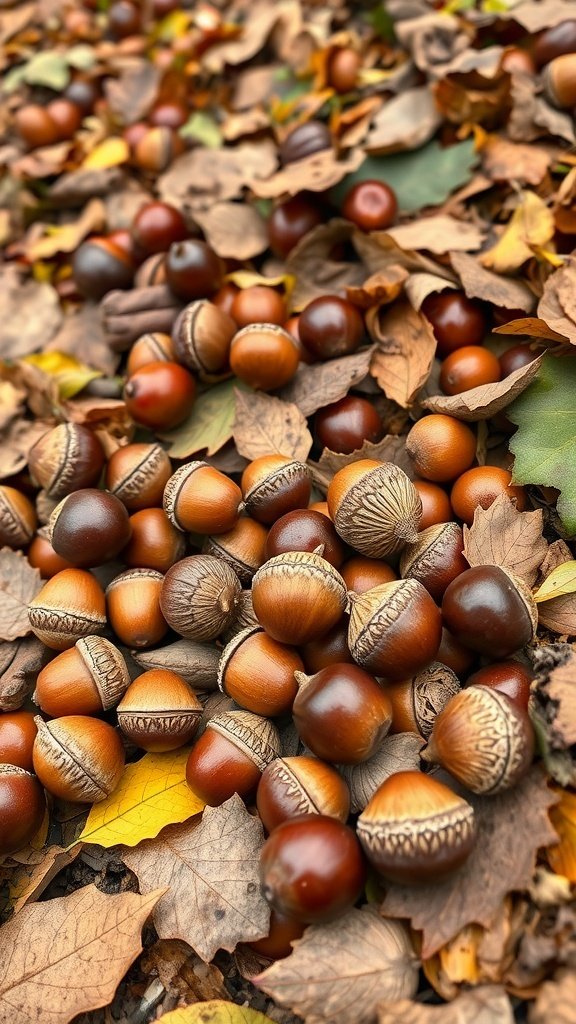 A close-up of acorns and chestnuts scattered on colorful autumn leaves.