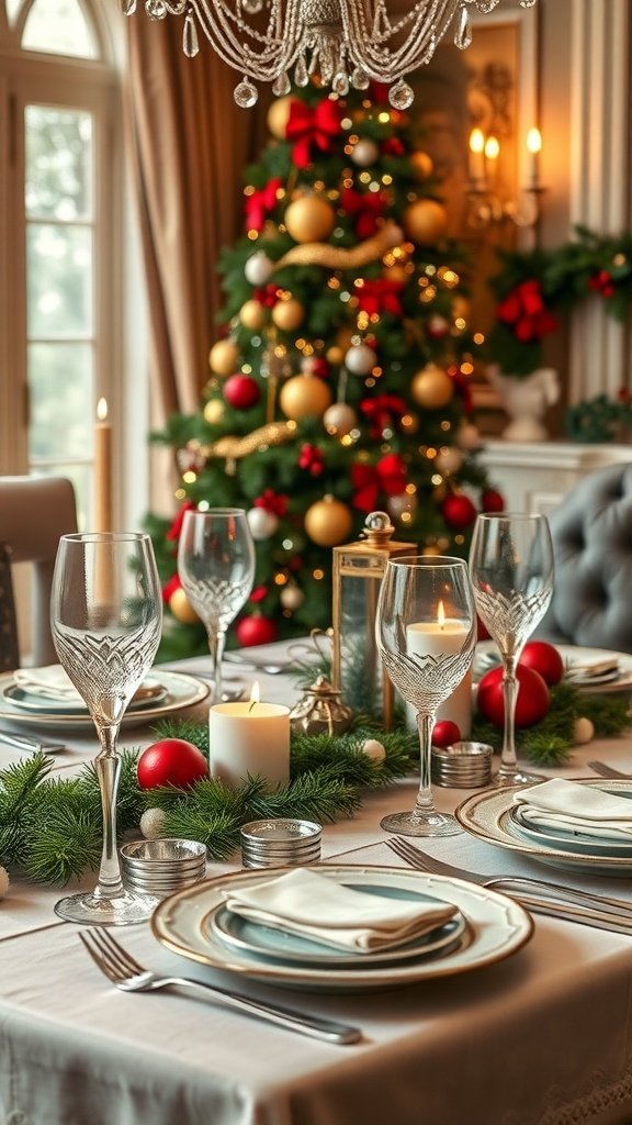 A beautifully set dining table with antique silverware, crystal glasses, and a festive Christmas tree in the background.
