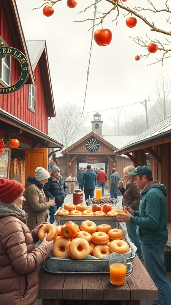 A busy cider mill scene with people enjoying cider and donuts, surrounded by autumn colors.