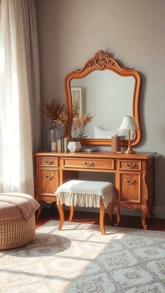 A cozy vanity area featuring a wooden vanity, elegant mirror, decorative elements, and layered textures.