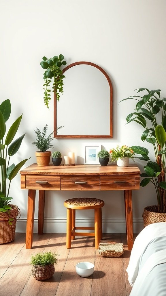 A nature-inspired vanity with a wooden desk, mirror, and various plants in a cozy bedroom setting.
