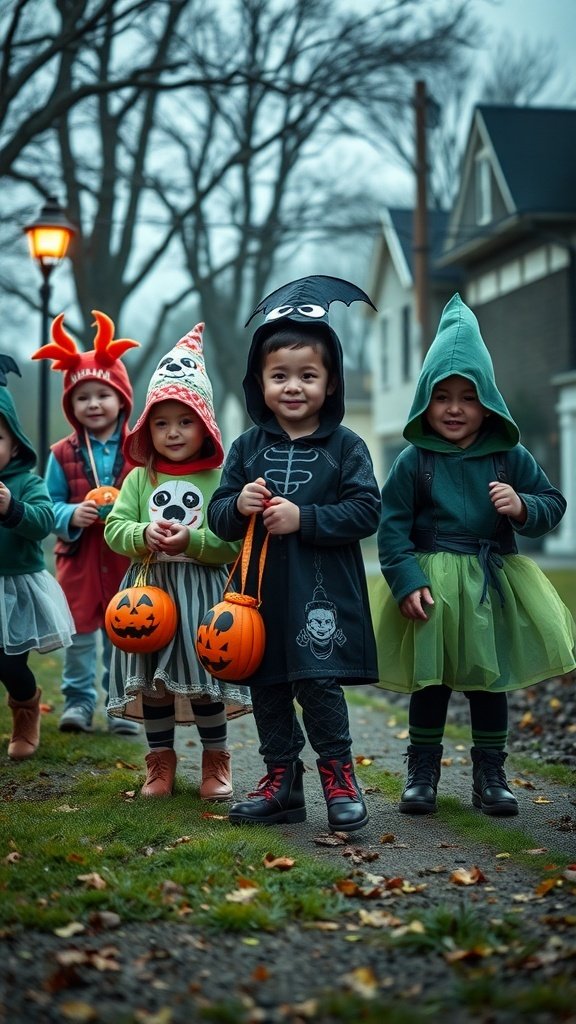 A group of children in Halloween costumes walking down a path, holding pumpkin buckets.