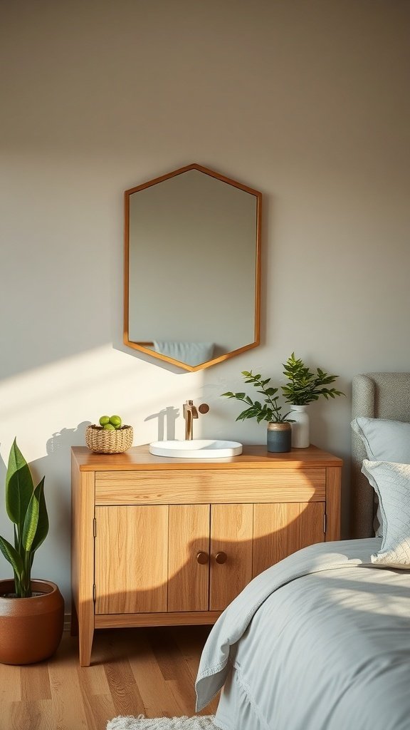 A wooden vanity with a hexagon mirror, plants, and a cozy bedroom setting.