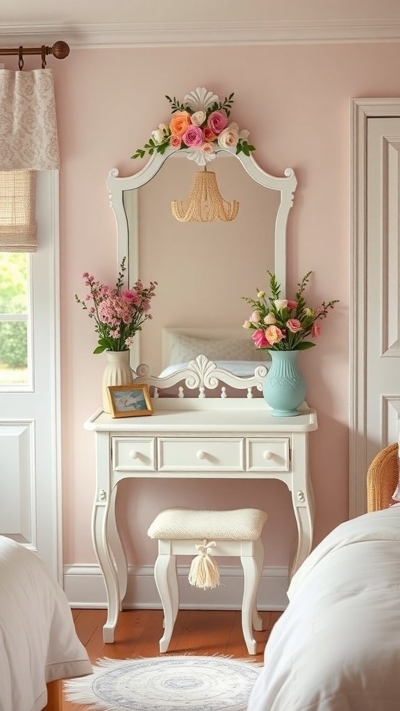 A cottage style vanity with floral accents, featuring a white vanity, a mirror with flowers, and a cozy stool.