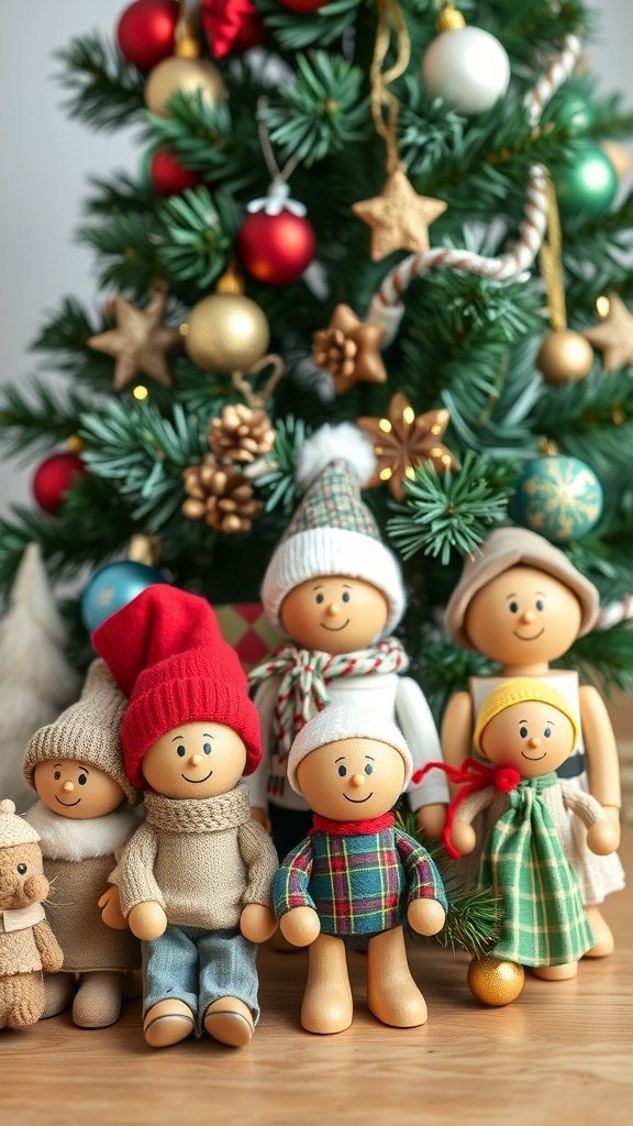 A group of handcrafted wooden dolls dressed in winter clothing, displayed in front of a Christmas tree decorated with ornaments.
