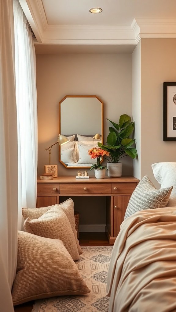 A cozy nook vanity with a wooden desk, mirror, and soft pillows in a warm-toned bedroom.