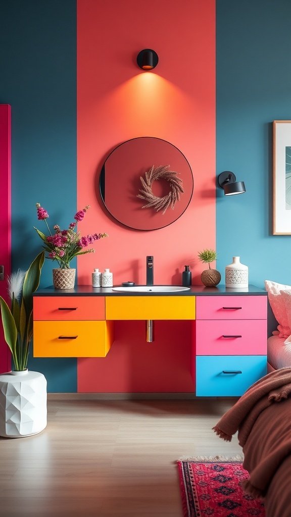 A colorful vanity with pink, orange, and blue drawers against teal and coral walls, featuring a round mirror and decorative plants.