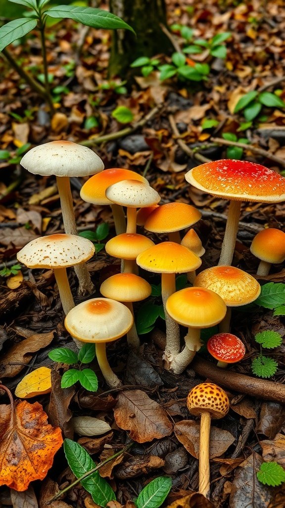 Colorful mushrooms in a forest setting with autumn leaves.