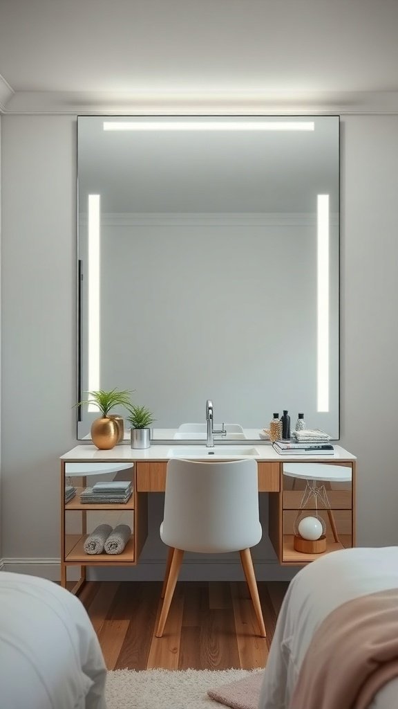 A modern vanity with a large illuminated mirror, minimalist decor, and a cozy atmosphere.