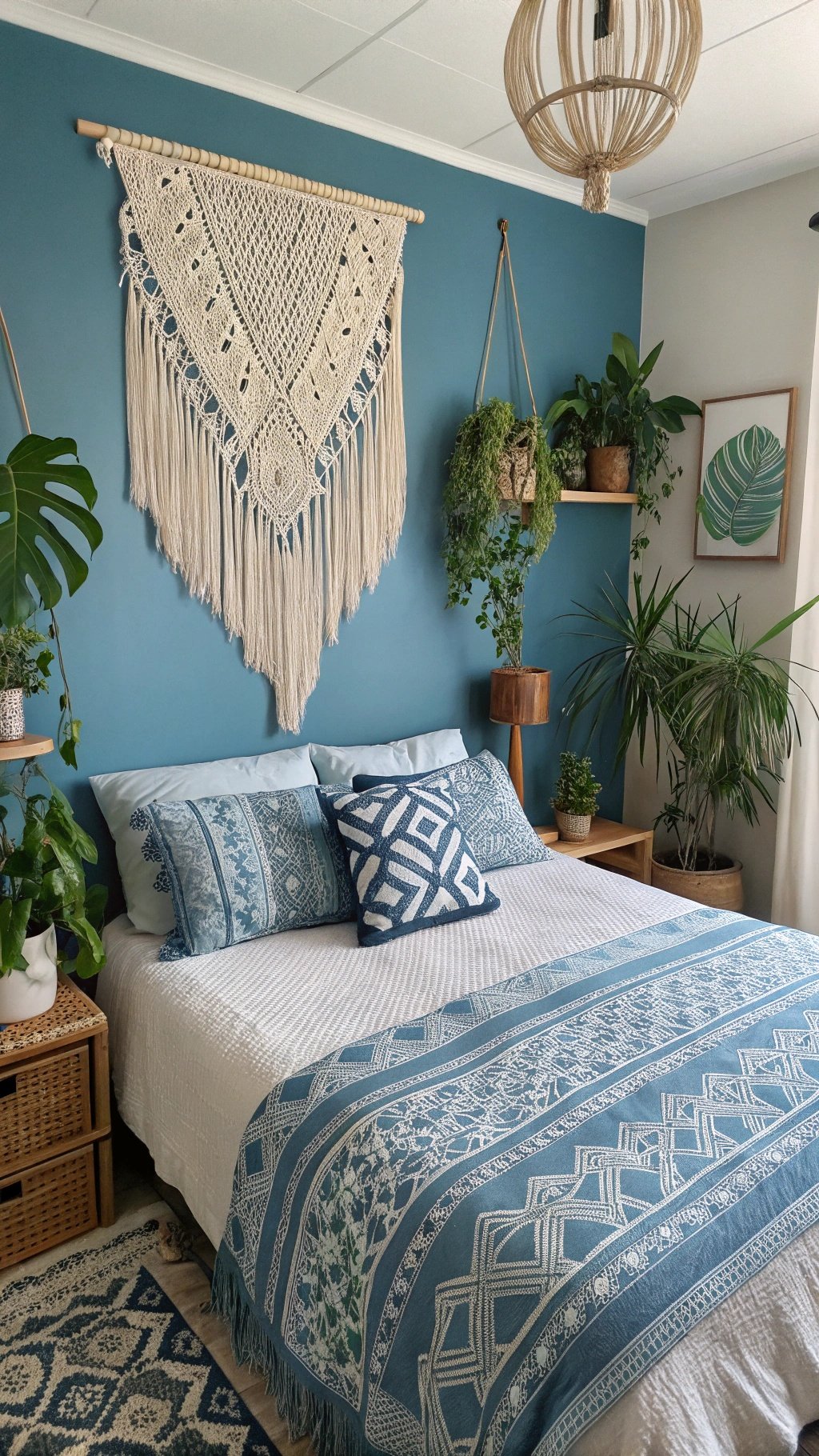 A cozy blue boho bedroom featuring a macramé wall hanging, patterned bedding, and indoor plants.