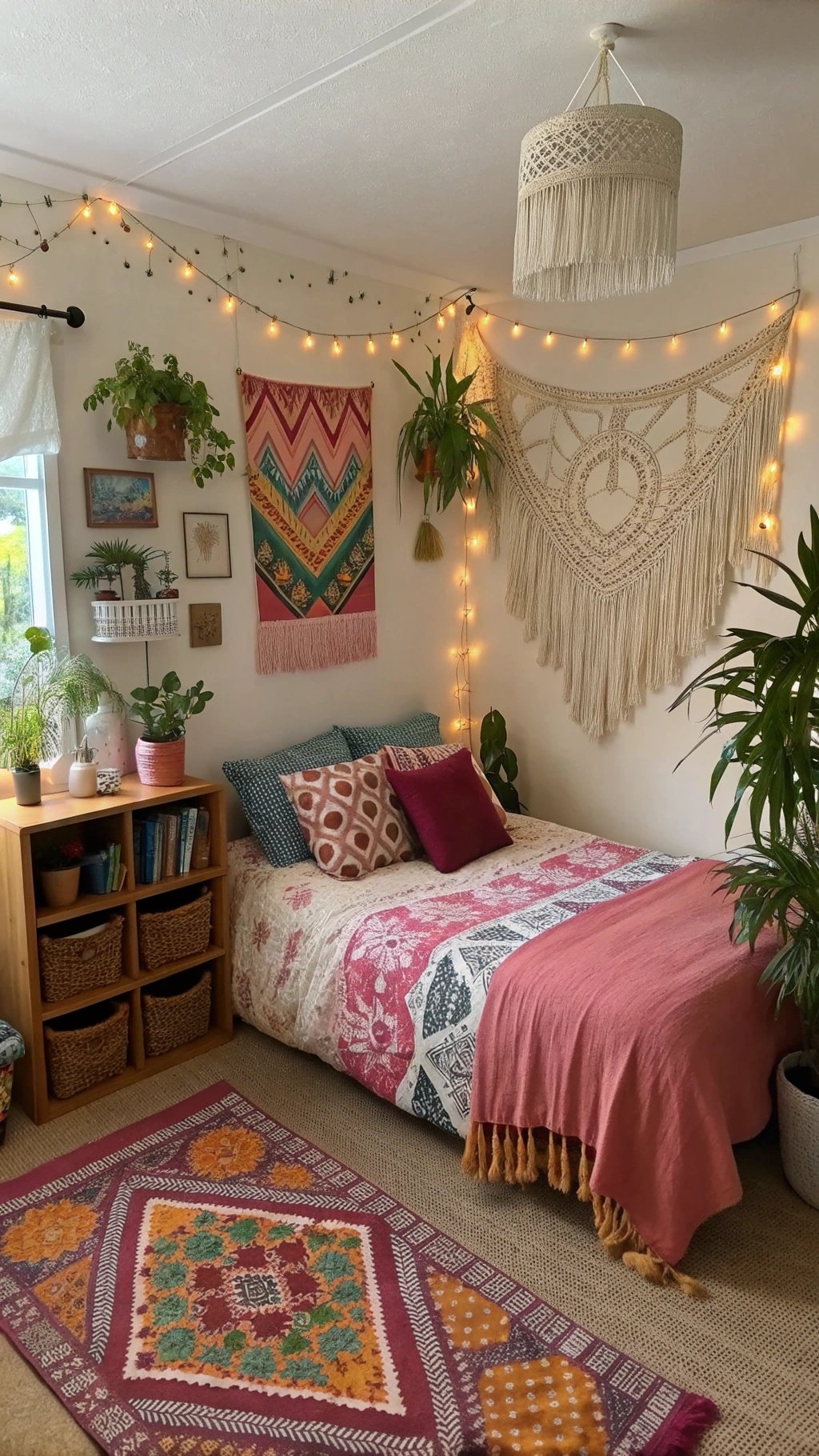 A cozy boho teen bedroom featuring colorful textiles, wall art, plants, and warm lighting.