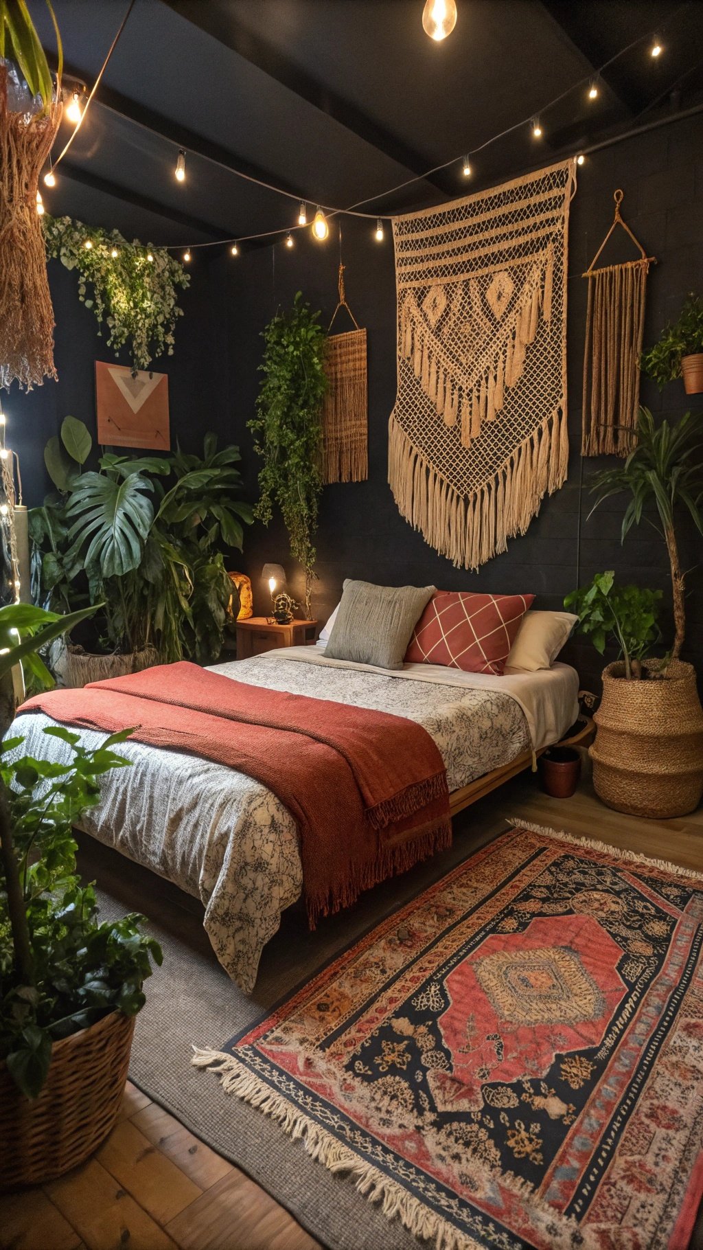 A cozy dark boho bedroom featuring plants, macramé wall hangings, and warm lighting.