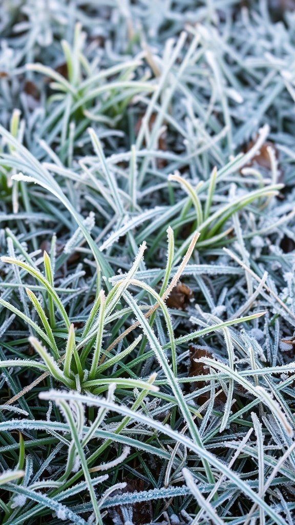 Frosty grass with a layer of frost on a chilly morning