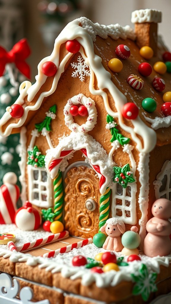 A beautifully decorated traditional gingerbread house with colorful candies and icing.