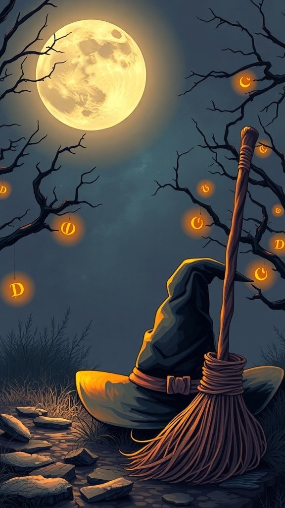 A witch's hat and broom beside glowing pumpkin lanterns under a full moon.