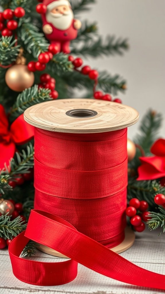 A spool of red velvet ribbon surrounded by Christmas decorations including a Santa figure and ornaments.