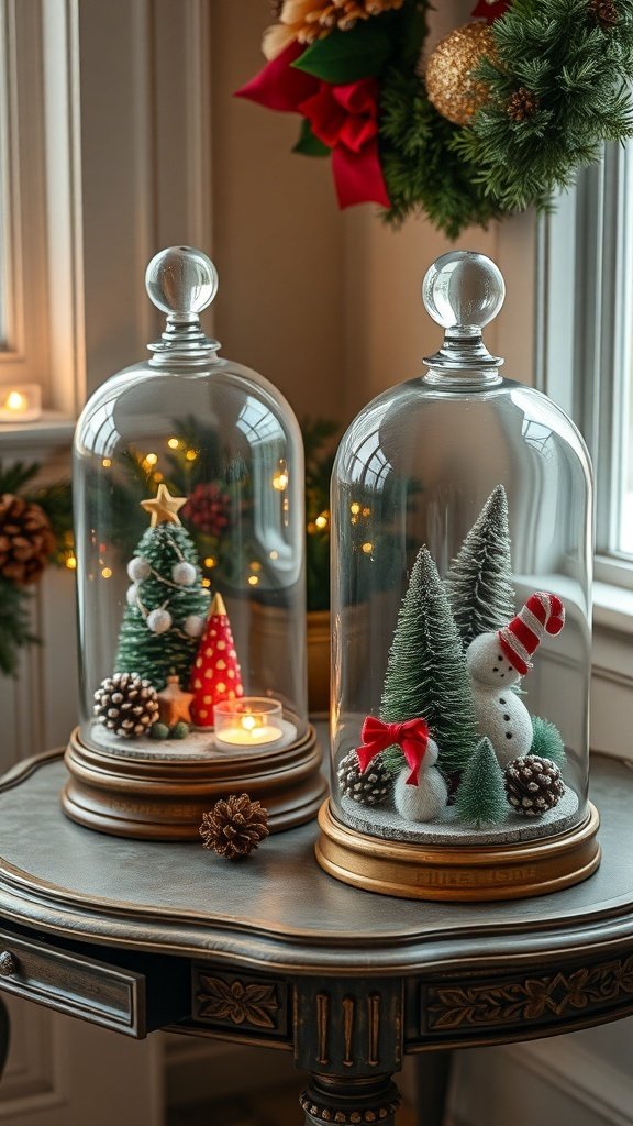Two glass cloches with Christmas decorations, one with a tree and the other with a snowman, on a table