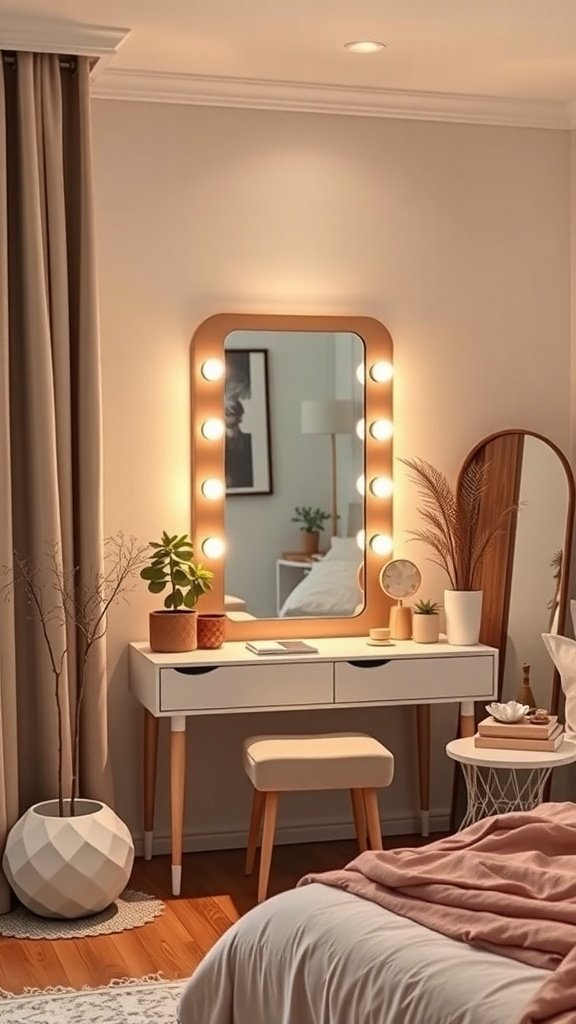 A stylish corner vanity setup in a bedroom with a mirror, plants, and a cozy stool.