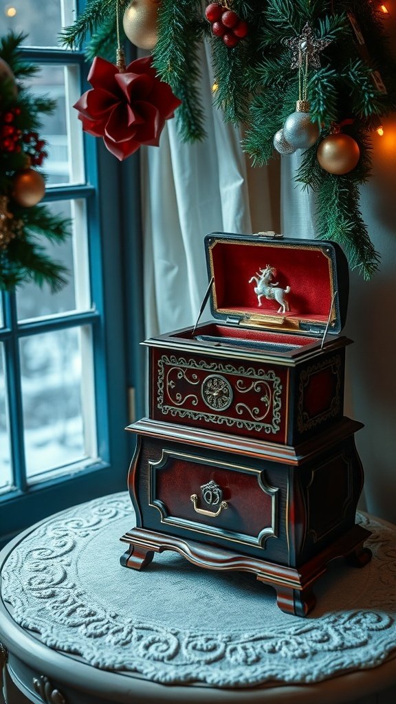 A vintage music box with a unicorn figurine inside, placed on a decorative table surrounded by Christmas decorations.