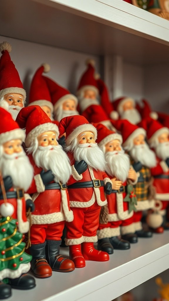 A collection of vintage Santa figurines in various poses and outfits on a shelf.