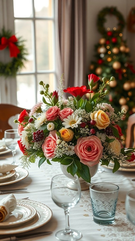 A vintage holiday table centerpiece featuring a floral arrangement with roses and daisies, set on a beautifully laid table.
