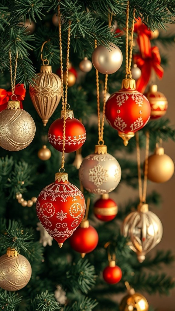 A close-up of vintage Christmas ornaments in red and gold hanging on a Christmas tree.