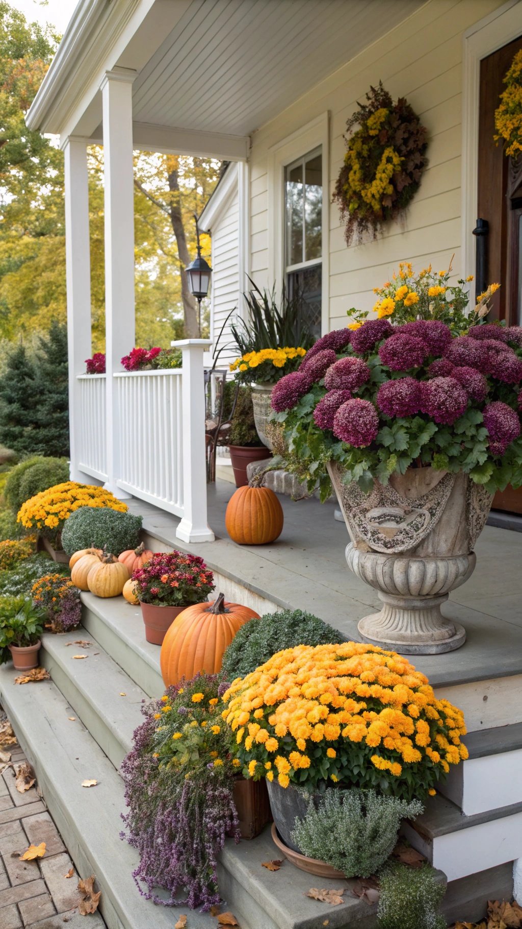 8 Cozy Fall Home Decor Ideas to Transform Your Space A beautifully decorated front porch with colorful fall planters, pumpkins, and autumn foliage.