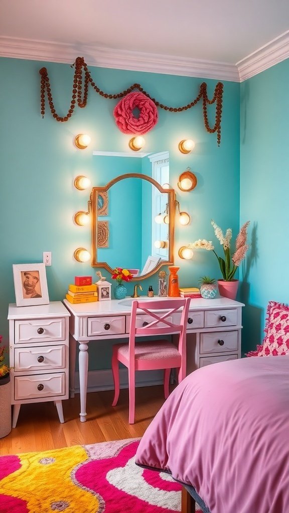 A colorful vanity area with a turquoise wall, white vanity, pink chair, and decorative elements.