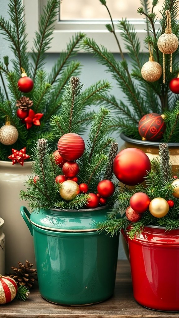 Green and red enamel pots filled with pine branches and Christmas ornaments