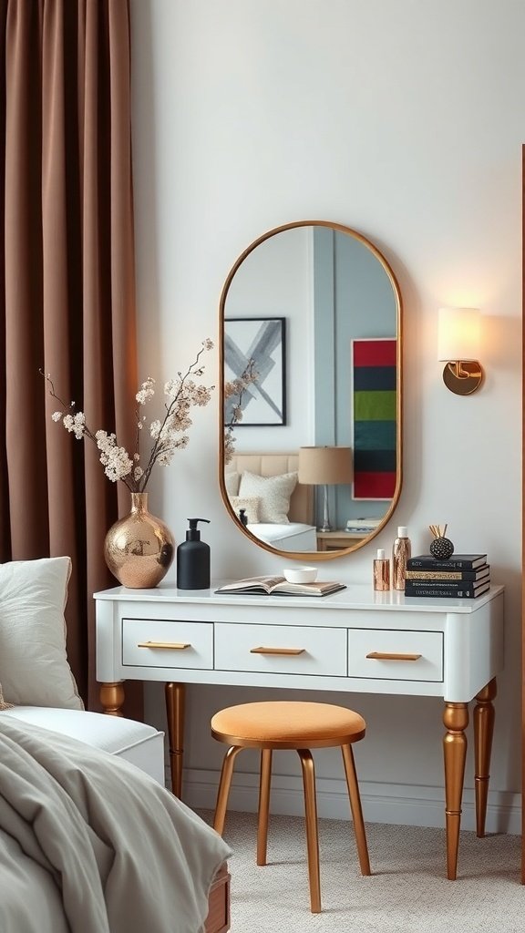 Stylish vanity table with an artistic mirror in a cozy bedroom setting.