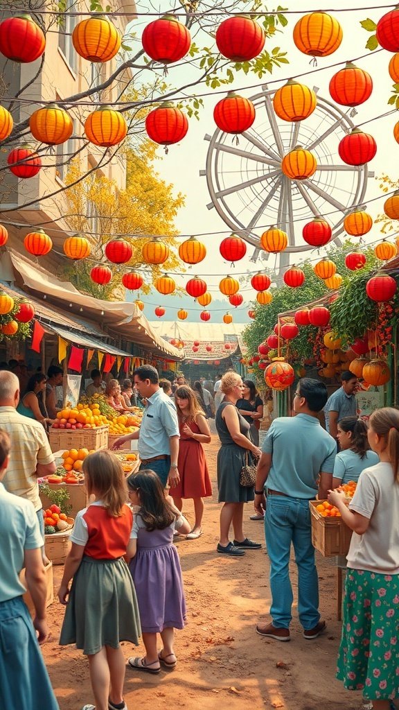 A bustling market scene during a harvest festival with colorful lanterns and people enjoying fresh produce.